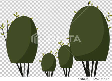 Cartoon illustration of topiary shrubs with oval shapes, rendered in shades of olive and dark green, with small yellow sprouts. 125795352