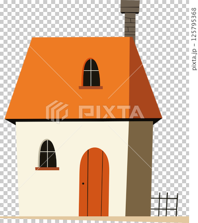 Charming Cartoon House: A quaint, stylized house with an orange roof and simple design, evokes a whimsical and inviting feel. 125795368
