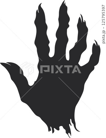 Silhouetted creature claw emerging from darkness, sharp talons extend. Eerie mystery, primal and menacing, a haunting silhouette of dread. 125795397