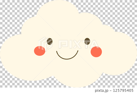 Smiling cartoon cloud character with rosy cheeks and dark brown eyes. Sweet weather icon or emoji isolated against a black backdrop. 125795405