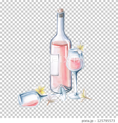 Incomplete bottle of rose wine, standing and lying glass, delicate frangepani flowers. Isolated watercolor illustration for restaurant menu design, summer parties, wedding. 125795573