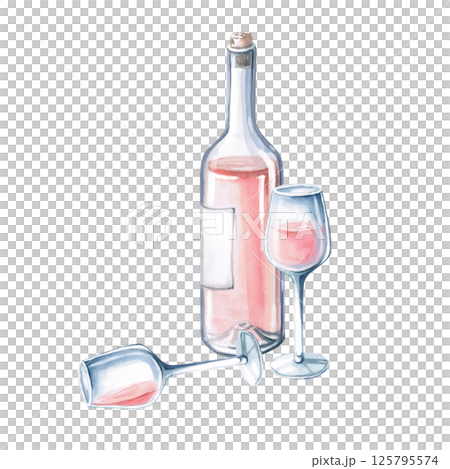 Incomplete bottle of rose wine, standing and lying glass. Isolated watercolor illustration for restaurant menu design, summer parties, wedding. 125795574