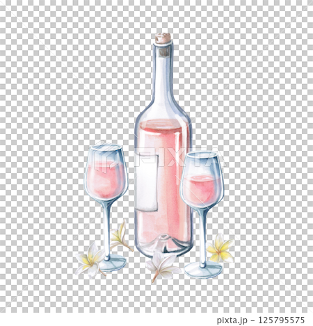 Wine bottle with two glasses of rose wine and frangepani flowers. Isolated watercolor illustration for restaurant menu design, interior decoration, poster printing. 125795575