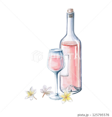 Partial bottle of rose wine, glass and delicate frangepani flowers. Isolated watercolor illustration for restaurant menu design, summer parties. Partial bottle of rose wine, glass and delicate frangepani flowers. Isolated watercolor illustration for restaurant menu design, summer parties. 125795576