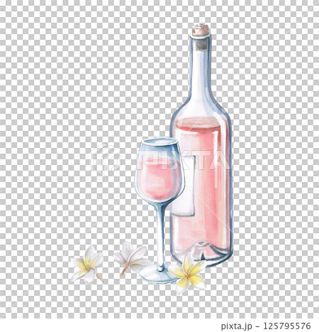 Partial bottle of rose wine, glass and delicate frangepani flowers. Isolated watercolor illustration for restaurant menu design, summer parties. 125795576