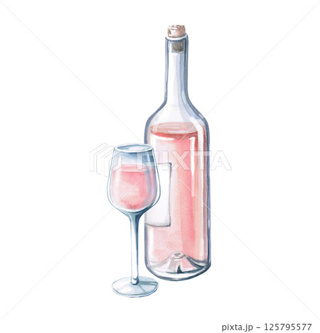 Partial bottle of rose wine and glass. Isolated watercolor illustration for restaurant menu design, summer parties. 125795577