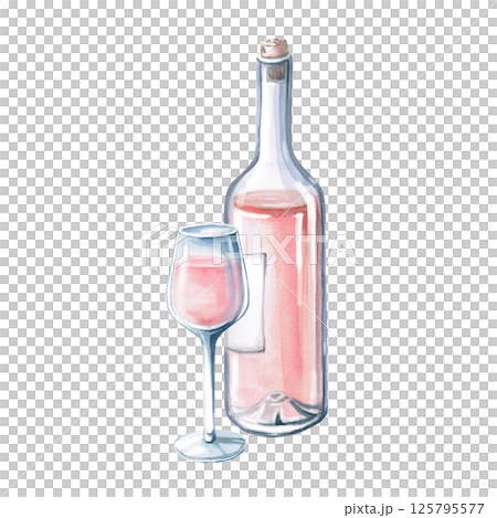 Partial bottle of rose wine and glass. Isolated watercolor illustration for restaurant menu design, summer parties. 125795577