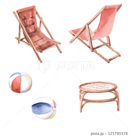 Set of two armchairs in different angles, table and inflatable balls. Isolated watercolor illustration of furniture for decorating shops, tourist sites, summer cafes and restaurants. 125795578