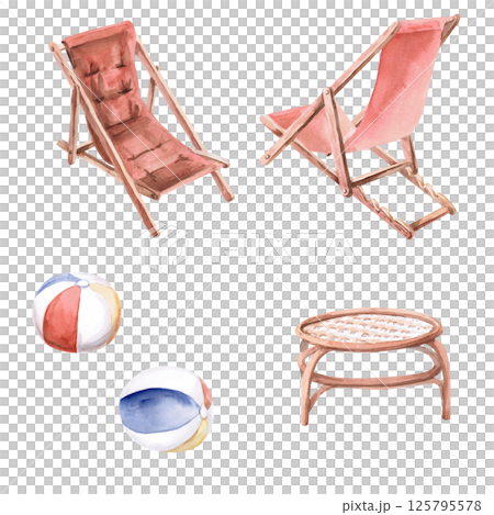 Set of two armchairs in different angles, table and inflatable balls. Isolated watercolor illustration of furniture for decorating shops, tourist sites, summer cafes and restaurants. 125795578