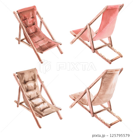 Set of four beach chairs in different angles. Isolated watercolor illustration of furniture for decorating shops, tourist sites, summer cafes and restaurants. Set of four beach chairs in different angles. Isolated watercolor illustration of furniture for decorating shops, tourist sites, summer cafes and restaurants. 125795579