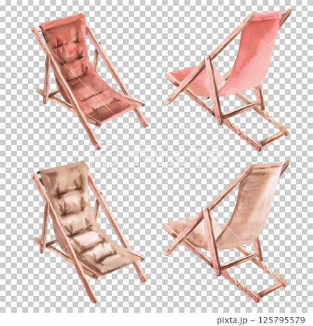Set of four beach chairs in different angles. Isolated watercolor illustration of furniture for decorating shops, tourist sites, summer cafes and restaurants. Set of four beach chairs in different angles. Isolated watercolor illustration of furniture for decorating shops, tourist sites, summer cafes and restaurants. 125795579
