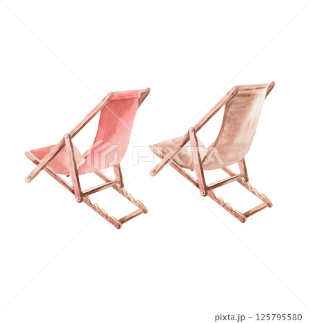 Set of two beach chairs back view. Isolated watercolor illustration of furniture for decorating shops, travel sites, summer cafes and restaurants Set of two beach chairs back view. Isolated watercolor illustration of furniture for decorating shops, travel sites, summer cafes and restaurants 125795580