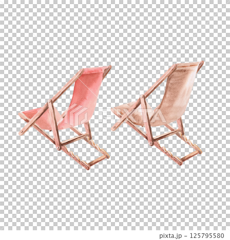 Set of two beach chairs back view. Isolated watercolor illustration of furniture for decorating shops, travel sites, summer cafes and restaurants Set of two beach chairs back view. Isolated watercolor illustration of furniture for decorating shops, travel sites, summer cafes and restaurants 125795580