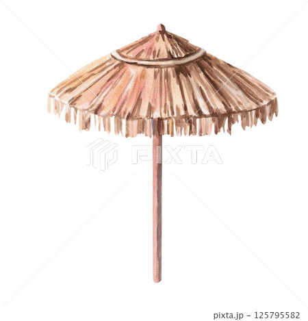 Beach umbrella, side view. Isolated watercolor illustration for the design of shops, tourist sites, summer cafes and restaurants. Beach umbrella, side view. Isolated watercolor illustration for the design of shops, tourist sites, summer cafes and restaurants. 125795582