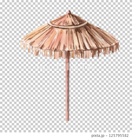 Beach umbrella, side view. Isolated watercolor illustration for the design of shops, tourist sites, summer cafes and restaurants. Beach umbrella, side view. Isolated watercolor illustration for the design of shops, tourist sites, summer cafes and restaurants. 125795582