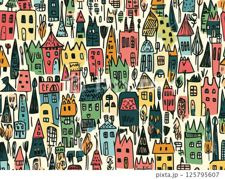 Pattern with cute hand drawn houses illustration. Pattern with cute hand drawn houses illustration. 125795607