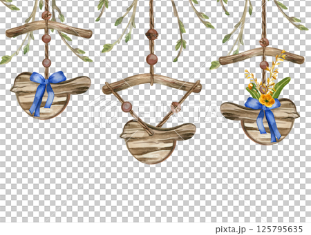 Watercolor border of wooden birds and young tree branches with buds. Bird figures with bouquets of wild flowers and plants with a blue bow and wooden beads. All objects are hand-painted in watercolor. 125795635