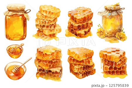 Watercolor honey. Golden natural bee product, jars honeycombs dipper in bowl, healthy sweet food set vector illustration 125795839