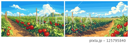 Tomato field. Cartoon farm plantation landscape with ripe organic vegetables, fresh nature product harvest vector illustration 125795840