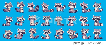 Raccoon character. Cartoon cute striped animal zoo mascot poses, funny wild coon set vector illustration Raccoon character. Cartoon cute striped animal zoo mascot poses, funny wild coon set vector illustration 125795846