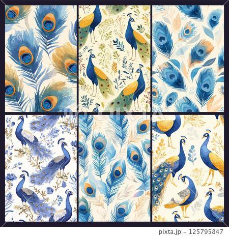 Peacock patterns. Watercolor exotic tropical bird background, floral leaf and feather textile texture set vector illustration 125795847