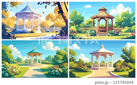 Park gazebo. Cartoon summer garden with small wooden house for outdoor relaxation landscape set vector illustration 125795848
