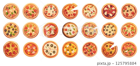 Cartoon pizza. Salami pepperoni mozzarella italian food round top view, pizzeria fast food set vector illustration 125795884