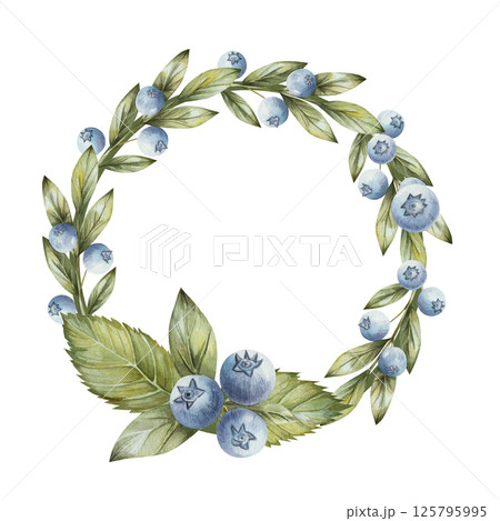 Light green round frame with blueberry leaves and berries in a realistic style. Watercolor illustration isolated on white background. For decoration of posters, cards, invitations Light green round frame with blueberry leaves and berries in a realistic style. Watercolor illustration isolated on white background. For decoration of posters, cards, invitations 125795995