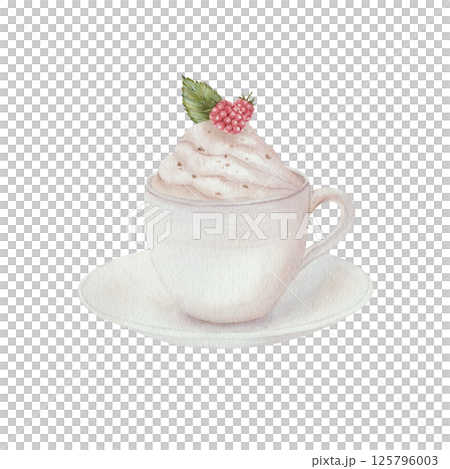 A white cup of hot coffee or chocolate, with cream garnished with raspberries, stands on a saucer. Watercolor illustration isolated on white background. For menu design, greeting cards, cooking. 125796003