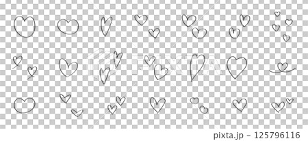 イラスト素材: かわいい手書きのハートセット　ベクター　白黒　シンプル 125796116