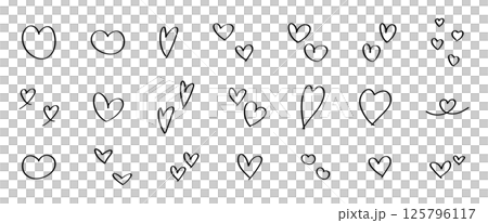 イラスト素材: かわいい手書きのハートセット　ベクター　白黒　シンプル 125796117