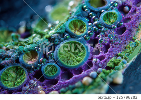 Vibrant microscopic cross section of plant stem reveals intricate patterns and vivid colors, showcasing green, blue, and purple hues with bubble like structures Vibrant microscopic cross section of plant stem reveals intricate patterns and vivid colors, showcasing green, blue, and purple hues with bubble like structures 125796282