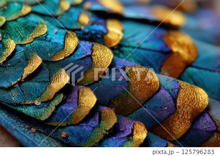 Vibrant close up of colorful peacock feathers showcasing iridescent blues, greens, and golds with intricate patterns. texture and vivid hues create mesmerizing visual effect 125796283
