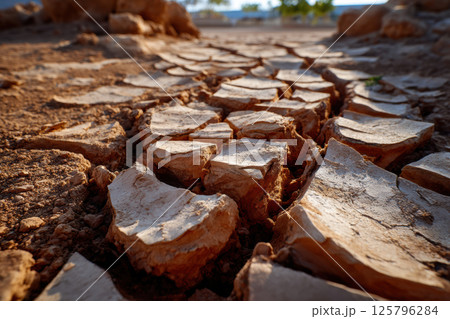 Cracked dry desert ground surface with deep fissures and warm earthy tones, evoking sense of arid desolation. Sunlight highlights texture of parched soil 125796284