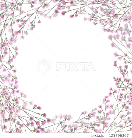 Watercolor intertwining pink gypsophila branches wreath isolated background. Hand painted baby breath flowers illustration with empty space for text. For stationery, spa decor, gift packaging. Watercolor intertwining pink gypsophila branches wreath isolated background. Hand painted baby breath flowers illustration with empty space for text. For stationery, spa decor, gift packaging. 125796367