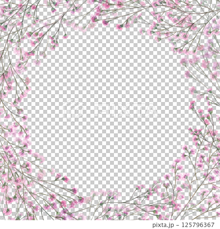 Watercolor intertwining pink gypsophila branches wreath isolated background. Hand painted baby breath flowers illustration with empty space for text. For stationery, spa decor, gift packaging. Watercolor intertwining pink gypsophila branches wreath isolated background. Hand painted baby breath flowers illustration with empty space for text. For stationery, spa decor, gift packaging. 125796367