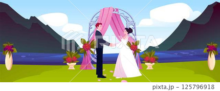 Wedding venue on mountain landscape vector flat illustration, bride and groom hold hands marriage ceremony on lake shore 125796918