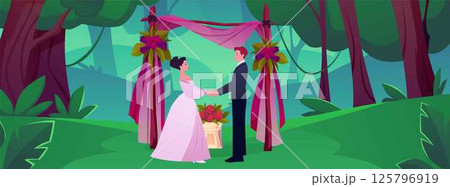 Vector illustration of wedding ceremony in forest, with arch, bride and groom. Vector illustration of wedding ceremony in forest, with arch, bride and groom. 125796919