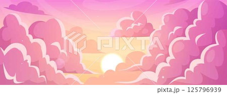 Sunset or sunrise horizon landscape vector flat illustration Anime style, sky with clouds and sunshine nature background 125796939