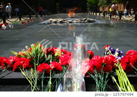 red carnations and bouquets placed at eternal flame memorial red carnations and bouquets placed at eternal flame memorial 125797494