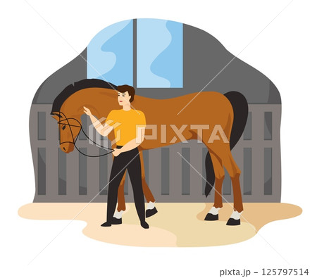 Horse care. Equestrian ride. Stableman in stable barn. Pony pet training. Equine mammal grooming. Woman with stallion. Hippodrome racehorse dressage. Domestic animal. Vector horseman work 125797514