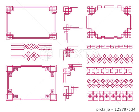 Chinese border. Asian frame, ornament corner or vintage modern element, traditional geometric collection. Square geometry pattern creative dividers. Vector border isolated decorative elements Chinese border. Asian frame, ornament corner or vintage modern element, traditional geometric collection. Square geometry pattern creative dividers. Vector border isolated decorative elements 125797534