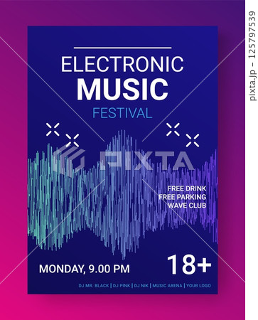 Electronic music festival. Invitation banner on music party. Simple design. Flyer template. Ad musical show. Sound symbol minimalistic background. Performance event vector illustration 125797539