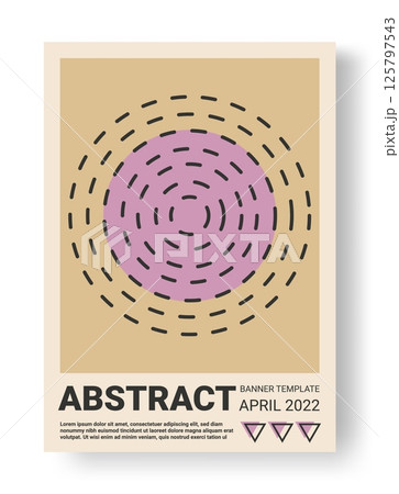 Abstract poster. Graphic flat shapes. Dotted line concentric circles. Geometric color rounds. Modern concert invitation. Event promotion card. Vector contemporary banner design template Abstract poster. Graphic flat shapes. Dotted line concentric circles. Geometric color rounds. Modern concert invitation. Event promotion card. Vector contemporary banner design template 125797543