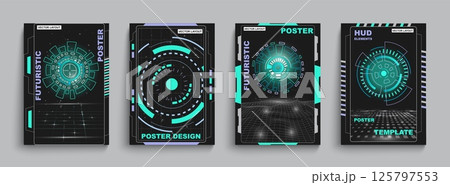 Grunge poster. Digital viewfinder. HUD frame. Game aiming. Astronaut spaceship. Universe infinity. Galaxy shuttle shooting. Spacecraft flight. Cosmos discovery. Vector Sci-Fi cards set 125797553