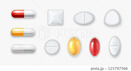 3d tablet. Realistic red, blue and white antibiotic or transparent medical vitamin, prescription dosage. Pill and drug different forms, colorful capsule. Vector isolated realistic set 125797566