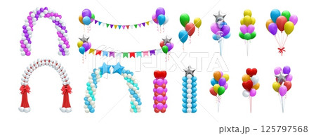 Balloon arch. Ballon garland, happy birthday party. Wedding helium decoration, anniversary day celebration. Grand opening decoration, carnival elements. Vector cartoon 3d isolated set 125797568