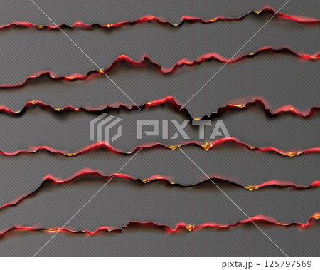 Paper burn. Fire burnt edge. Flame texture effect or rip line frame. 3d realistic ragged page. Hot ash torn. Combustion gap. Igniting sheet corner. Vector smoldering backgrounds set 125797569
