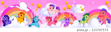 Unicorn background. Cute rainbow pony animals, pink children landscape with funny magic fairy adorable horse, baby tale. Glowing animals different colors on clouds. Vector wallpaper 125797573