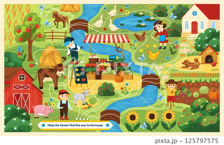 Farm maze. Kid puzzle game with labyrinth, find animal on map. Cute garden activity, countryside way. Modern village field and garden. Childish game page. Vector cartoon illustration 125797575